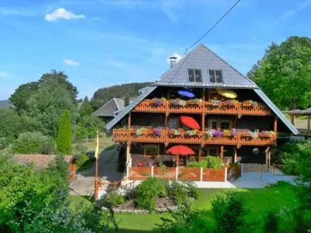Schwarzwaldhaus mit Balkon, Garten und bunten Sonnenschirmen, umgeben von Natur und grünen Bäumen.