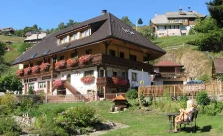 Charmantes Schwarzwaldhaus mit Blumen im Garten und Bergblick.