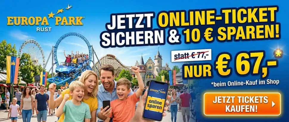 Jetzt Online-Ticket sichern & 10 € sparen Familie mit Kindern vor Europa-Park Attraktionen in Rust, Deutschland.
