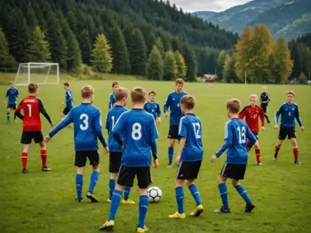 Jugendteams beim Fußballtraining im Schwarzwald mit Bergen im Hintergrund.